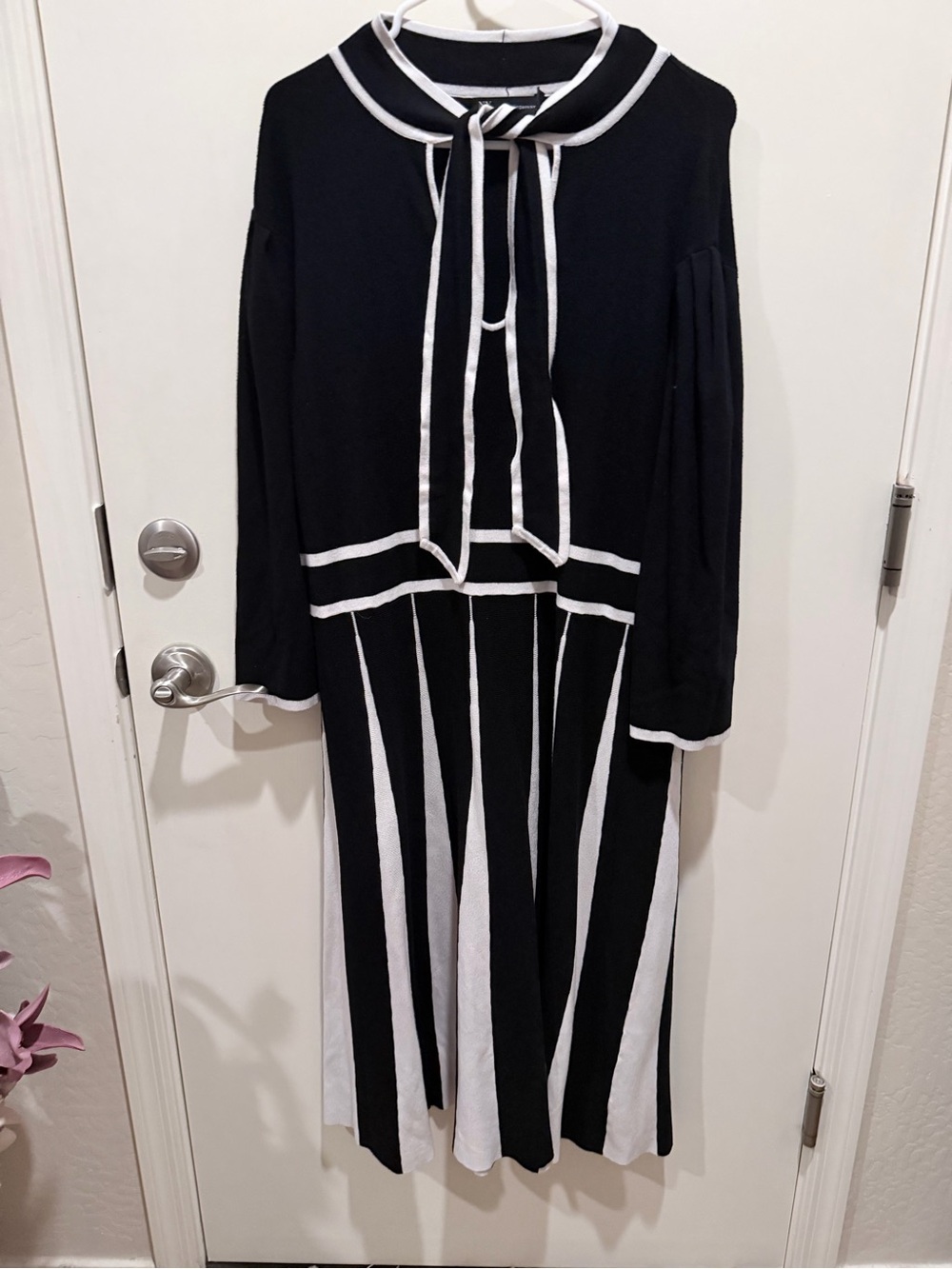 New York & Company Black and White Tie-Neck Striped Midi Dress - Picture 2 of 4